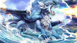  16:9 ambiguous_gender angry beach blitzdrachin claws conditional_dnp detailed_background detailed_painting dragon fangs feral fire fur furred_dragon furred_scalie mythological_creature mythological_scalie mythology painting running rykin scalie sea seaside shooting_fire solo tail teeth water widescreen wings yellow_eyes 