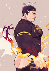  1boy ass bad_id bad_pixiv_id bara black_bodysuit black_hair blush bodysuit bursting_pectorals facial_hair fire flaming_halo flaming_hand from_side halo highres hip_vent large_pectorals looking_at_viewer male_focus mature_male muscular muscular_male pectorals po_fu short_hair sideburns solo stomach stubble thick_thighs thighs tokyo_afterschool_summoners zabaniyya_(housamo) 