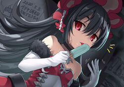  bare_shoulders black_choker black_hair bonnet breasts character_name choker collarbone congratulations dated dress dutch_angle elbow_gloves fanning_self female food fur-trimmed_gloves fur_trim gloves hair_between_eyes holding holding_food illya_(princess_connect!) illya_(small)_(princess_connect!) licking long_hair looking_at_viewer motion_lines notice_lines popsicle princess_connect! red_dress red_eyes small_breasts solo sweat tongue tongue_out umarutsufuri upper_body white_gloves 