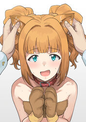  1boy :d animal_ears animal_hands bare_shoulders belt_collar bikini blue_eyes blunt_bangs breasts collar collarbone commentary crooked_smile dog_ears female from_above fur_bikini grabbing_another&#039;s_ear hair_intakes hair_ornament hair_scrunchie hand_on_another&#039;s_ear hands_on_own_chest highres idolmaster idolmaster_(classic) looking_at_viewer male_hand open_mouth orange_hair pov producer_(idolmaster) red_collar scrunchie short_hair short_twintails sidelocks simple_background small_breasts smile sound_effects standing strapless strapless_bikini sweat swimsuit takatsuki_yayoi tsurui tube_top twintails upper_body upturned_eyes white_background 