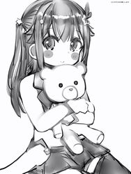  aged_down ankimo_(tokino_sora) bad_id bad_pixiv_id blush_stickers cropped_vest female greyscale hair_flaps hair_ornament hair_ribbon hairclip highres holding holding_stuffed_toy hololive long_hair looking_at_viewer miniskirt monochrome nanashi_(nlo) pleated_skirt ribbon shorts simple_background sitting skirt sleeveless smile solo star_(symbol) star_hair_ornament stuffed_animal stuffed_toy teddy_bear thighhighs tokino_sora tokino_sora_(1st_costume) vest virtual_youtuber white_background 