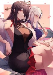  2girls absurdres backless_dress backless_outfit bare_shoulders bead_bracelet beads beidou_(cadillac)_(genshin_impact) beidou_(genshin_impact) black_dress blue_dress blush border bracelet breasts brown_hair cadillac cadillac_xt4 closed_mouth crossed_legs dress eyepatch falling_petals feather_boa feet_out_of_frame folding_fan genshin_impact hair_ornament hair_over_one_eye hair_stick hand_fan highres holding holding_fan jewelry large_breasts long_hair looking_at_viewer multiple_girls ningguang_(genshin_impact) ningguang_(orchid&#039;s_evening_gown)_(genshin_impact) official_alternate_costume parted_bangs parted_lips petals pnatsu profile red_eyes red_nails short_dress sideboob sidelocks sideways_glance sitting sleeveless sleeveless_dress smile tassel tassel_hair_ornament thick_thighs thighs white_border white_hair yuri 