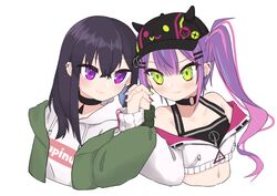  2girls absurdres bad_id bad_twitter_id baseball_cap bibi_(tokoyami_towa) black_hair black_headwear blush breasts choker cropped_torso ear_piercing green_eyes green_jacket grey_hoodie hat highres holding_hands hololive hood hoodie ichinose_uruha ichinose_uruha_(2nd_costume) jacket long_hair looking_to_the_side lupinus_virtual_games multiple_girls navel navel_piercing o-ring o-ring_choker off_shoulder osaka_(osaka_sosen) piercing purple_eyes purple_hair small_breasts tokoyami_towa tokoyami_towa_(1st_costume) twintails virtual_youtuber vspo! white_background 