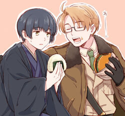  2boys ahoge america_(hetalia) axis_powers_hetalia black_gloves black_hair blonde_hair bomber_jacket brown_eyes burger closed_eyes food food_on_face glasses gloves haori jacket japan_(hetalia) japanese_clothes male_focus multiple_boys necktie onigiri open_mouth takeshi_(mononohu20) 