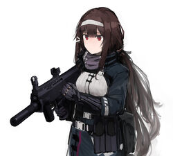  absurdres arm_up assault_rifle belt belt_buckle breasts brown_hair buckle bullpup commentary dated_commentary female girls&#039;_frontline grey_hairband grey_scarf gun hair_ornament hairband highres holding holding_gun holding_weapon js_9_(girls&#039;_frontline) long_hair looking_to_the_side mechanical mechanical_arms qcw-05 rampart1028 red_eyes rifle scarf sidelocks simple_background solo suppressor trigger_discipline upper_body very_long_hair weapon white_background 