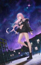  absurdres alternate_hairstyle bad_arm black_footwear black_jacket blue_eyes breasts cleavage crop_top dutch_angle female gradient_sky hair_down highres house jacket jungle_gym l.kili long_hair nanakusa_nazuna_(yofukashi_no_uta) night night_sky open_clothes open_jacket outdoors pink_hair playground sky sleeveless sleeveless_turtleneck small_breasts solo standing standing_on_one_leg swing_set turtleneck watch wristwatch yofukashi_no_uta 