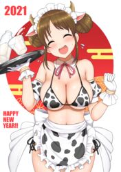  2021 absurdres animal_ears animal_print apron bikini blush bottle bow bowtie breasts brown_hair chinese_zodiac cleavage clenched_hand closed_eyes cow_print detached_collar double_bun fake_animal_ears female gloves hair_bun hands_up happy_new_year highres holding holding_tray large_breasts milk milk_bottle new_year open_mouth princess_connect! red_bow red_bowtie short_hair smile solo standing suzume_(princess_connect!) swimsuit tray waist_apron white_gloves year_of_the_ox yue_(show-ei) 