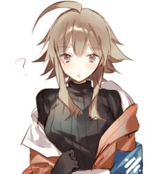  :o ? arknights armband black_gloves black_sweater blush breasts brown_eyes brown_hair closed_mouth commentary_request en_(shisui_no_utage) female gloves hair_between_eyes jacket long_hair long_sleeves looking_at_viewer mayer_(arknights) medium_breasts off_shoulder open_clothes open_jacket orange_jacket protected_link ribbed_sweater sidelocks skirt solo sweater upper_body white_background 