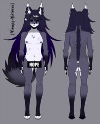  absurd_res alternative_fashion anthro areola blue_eyes canid canine canis censor_bar dark_body dark_fur dark_hair fangs fox fur goth hair hi_res hybrid long_hair male mammal model_sheet naitokitsune nipples pawpads purple_areola purple_nipples scratches solo teeth wolf 