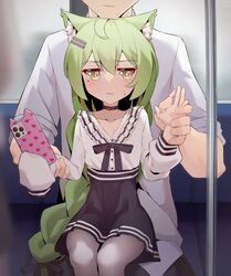  1boy akashi_(azur_lane) animal_ear_fluff animal_ears azur_lane bad_id bad_twitter_id black_choker black_ribbon black_skirt blush braid cellphone choker closed_mouth embarrassed female green_hair hair_ornament hairclip head_on_head head_rest high-waist_skirt holding holding_another&#039;s_wrist holding_phone long_hair mole mole_under_eye neck_ribbon pantyhose phone ribbon shirt single_braid sitting sitting_on_lap sitting_on_person skirt sleeves_past_fingers sleeves_past_wrists smartphone smartphone_case straight streetcar_interior vehicle_interior very_long_hair viroa white_pantyhose white_shirt yellow_eyes 