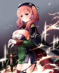  aiguillette azur_lane beret black_cape black_capelet black_hat breasts cape capelet center_frills cleavage covered_navel dress epaulettes female frills garter_straps gloves hands_on_hilt hat italian_flag large_breasts looking_at_viewer nitchi orange_eyes red_cape red_hair sheath sheathed short_dress skin_tight skindentation solo sword thighhighs two-tone_cape weapon white_gloves zara_(azur_lane) 