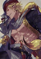  1boy arabian_clothes arthropod_boy arthropod_limbs azaya_(kuroi_azaya) black_jacket blonde_hair brown_background dagger dark-skinned_male dark_skin earrings full_body grey_scarf grin head_scarf jacket jewelry knife long_sleeves looking_at_viewer male_focus muscular muscular_male nipples no_shirt open_mouth original pincers pointy_ears red_eyes scarf scorpion_boy scorpion_tail sheath sheathed short_hair simple_background smile solo tail two-sided_fabric two-sided_jacket weapon 