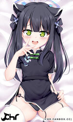  :d animal_ear_fluff animal_ears bangs bed_sheet black_bow black_dress black_hair blue_archive blush bow breasts cameltoe china_dress chinese_clothes chrisandita commentary_request dress eyebrows_visible_through_hair female green_bow green_eyes groin hairbow halo hand_up highres long_hair looking_at_viewer open_mouth panties pelvic_curtain short_sleeves shun_(blue_archive) side-tie_panties small_breasts smile solo thighhighs twintails underwear untied untied_panties very_long_hair watermark web_address white_legwear 