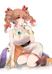  bangle boots bow bracelet breasts brown_hair dress drill_hair female finger_to_mouth hairbow highres jewelry large_breasts long_hair looking_to_the_side orange_eyes red_bow ring simple_background solo touhou twin_drills usuusu white_background white_dress yorigami_jo&#039;on 