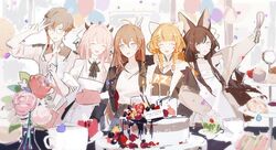  1boy 4girls ^_^ animal_ears anya_pandaria apron atelier_live balloon black_choker braid brown_hair bunny_ears_prank cake chai_(vtuber) choker closed_eyes dragon_girl dragon_horns english_commentary europa_yuu flower food fox_ears fox_girl glasses horns kuzuryu_io multicolored_hair multiple_girls nanatsuki_nana oerba_yun_fang open_mouth orange_hair pale_color pink_flower pink_hair pink_rose protected_link red_flower red_rose rose round_eyewear skin_fang streaked_hair twin_braids v virtual_youtuber white_hair white_theme yellow_eyes yueko_(jiayue_wu) 