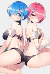  2girls :o ass ayamy bare_shoulders black_bra black_choker black_panties blue_eyes blue_hair bra breasts choker detached_sleeves from_side hair_ornament hair_over_one_eye hakugei_(re:zero) highres large_breasts looking_at_viewer looking_to_the_side medium_breasts multiple_girls open_mouth panties petelgeuse_romaneeconti pink_eyes pink_hair ram_(re:zero) re:zero_kara_hajimeru_isekai_seikatsu rem_(re:zero) short_hair siblings sisters thighs twins underwear underwear_only x_hair_ornament 