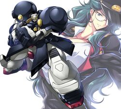  absurdres black_jacket blue_hair bolt_gundam breasts cleavage clenched_hands collarbone covered_nipples female g_gundam glasses green_eyes grey_eyes gundam haganef hat head_tilt highres jacket large_breasts looking_at_viewer mecha military_hat nastasha_zabigov robot science_fiction shirt standing v-fin white_background white_shirt 