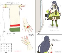  bad_id bad_pixiv_id black_hair breasts bridal_gauntlets commentary_request detached_sleeves dress female flying_sweatdrops green_dress green_legwear hair_ornament hair_ribbon hair_tubes kantai_collection kouga_(mutsumi) long_hair long_sleeves mirror mizuho_(kancolle) multiple_views reference_sheet ribbon sidelocks simple_background sleeveless sleeveless_dress translation_request white_background wide_sleeves 