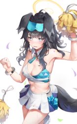  absurdres animal_ears bare_shoulders bike_shorts black_hair black_shorts blue_archive blush breasts cheerleader cleavage commentary dog_ears dog_girl dog_tail eyewear_on_head female gloves goggles goggles_on_head halo hibiki_(blue_archive) hibiki_(cheer_squad)_(blue_archive) highres holding holding_pom_poms long_hair looking_at_viewer medium_breasts megu_(pixiv9460065) midriff millennium_cheerleader_outfit_(blue_archive) navel official_alternate_costume open_mouth pom_pom_(cheerleading) ponytail shorts shorts_under_skirt skirt solo sticker_on_arm sticker_on_face stomach tail thighs white_gloves yellow_halo 