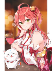  35p_(sakura_miko) ahoge bell blush cherry_blossom_print closed_eyes cup detached_sleeves drinking_glass feline female floral_print green_eyes hair_bell hair_ornament hairclip hand_on_own_cheek hand_on_own_face highres holding holding_cup hololive jiino long_hair looking_at_viewer one_side_up petals pink_hair sakura_miko sakura_miko_(1st_costume) sitting table virtual_youtuber white_cat wine_glass x_hair_ornament 