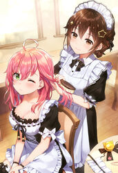  2girls ;| ahoge alternate_costume amagai_tarou bell breasts brown_eyes brown_hair brushing_another&#039;s_hair brushing_hair cleavage collarbone enmaided green_eyes hair_bell hair_ornament hairclip highres hololive indoors long_hair maid maid_headdress multiple_girls official_art one_eye_closed pink_hair sakura_miko sitting smile star_(symbol) star_hair_ornament tokino_sora unworn_hair_ornament virtual_youtuber window wooden_floor 