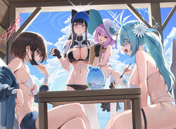  4girls absurdres alternate_costume aqua_hair arius_squad_(blue_archive) atsuko_(blue_archive) bikini black_bikini black_gloves black_hair black_mask blue_archive blue_eyes blue_halo blue_sky breasts cloud cloudy_sky commentary crossed_legs day ear_piercing fingerless_gloves flower food gloves hair_flower hair_ornament halo halterneck hat highres hiyori_(blue_archive) holding holding_spoon hutosutoro ice_cream large_breasts long_hair looking_at_another mask mask_pull medium_breasts misaki_(blue_archive) mouth_mask multiple_girls navel outdoors piercing purple_hair red_eyes red_halo saori_(blue_archive) side-tie_bikini_bottom sideboob sitting sky spoon standing stomach string_bikini sun_hat swimsuit table visor_cap white_bikini white_flower white_halo white_headwear 