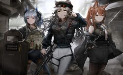  3girls absurdres animal_ears arknights bad_id bad_pixiv_id black_gloves black_jacket black_pantyhose black_shirt breasts brown_hair cowboy_shot crossbow dragon_horns extra_ears fingerless_gloves fox_ears fox_girl fox_tail franka_(arknights) gloves grey_hair hachiko_(0088) headset highres holding holding_crossbow holding_shield holding_sword holding_weapon horns jacket large_breasts liskarm_(arknights) liskarm_(overload)_(arknights) looking_at_viewer looking_to_the_side multiple_girls necktie off_shoulder official_alternate_costume open_clothes open_jacket orange_eyes outdoors pantyhose ponytail rapier red_eyes schwarz_(arknights) schwarz_(skyline)_(arknights) shield shirt standing sword tactical_clothes tail tongue tongue_out vest weapon white_legwear white_necktie yellow_eyes 