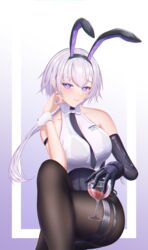  absurdres animal_ears azur_lane backless_leotard bare_shoulders between_breasts black_leotard black_necktie black_pantyhose breasts crossed_legs cup eeyoosekedooaat elbow_gloves fake_animal_ears female gloves highres holding holding_cup large_breasts leotard leotard_under_clothes light_blush light_purple_hair mechanical_hands metal_gloves necktie necktie_between_breasts official_alternate_costume pantyhose parted_hair playboy_bunny purple_eyes rabbit_ears reno_(azur_lane) reno_(reno_bunnino)_(azur_lane) see-through see-through_shirt shirt side-tie_leotard sideless_shirt simple_background single_elbow_glove single_mechanical_hand sitting sleeveless sleeveless_shirt solo white_shirt wrist_cuffs 