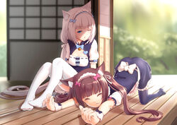  2girls :3 absurdres animal_ear_fluff animal_ears black_legwear blue_eyes blush breasts brown_hair cat_ears cat_stretch chocola_(nekopara) closed_eyes commentary_request feet hair_ribbon highres long_hair maid maid_headdress multiple_girls nekopara no_shoes no_tail one_eye_closed oniku_(pixiv_28205308) open_mouth ribbon short_sleeves sitting slit_pupils small_breasts smile stretching thighhighs top-down_bottom-up twintails vanilla_(nekopara) white_hair white_thighhighs 