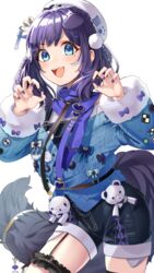  aiba_uiha aiba_uiha_(2nd_costume) animal_ears black_hair blue_bow blue_eyes blush bow braid claw_pose dog_ears dog_girl dog_tail fangs female hair_ornament hairbow highres long_hair long_sleeves looking_at_viewer mole mole_under_eye nail_polish nijisanji no_1pafu open_mouth overalls simple_background smile solo stuffed_animal stuffed_toy tail teddy_bear virtual_youtuber white_background 