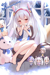  animal_ears ayanami_(azur_lane) azur_lane bare_arms bare_legs barefoot blue_bow blush bow camisole character_doll commentary_request covering_own_mouth fake_animal_ears female full_body hairband hands_up highres indoors irokari javelin_(azur_lane) laffey_(azur_lane) long_hair looking_at_viewer manjuu_(azur_lane) panties rabbit_ears red_eyes red_hairband sitting solo strap_slip striped_clothes striped_panties stuffed_animal stuffed_rabbit stuffed_toy teddy_bear underwear very_long_hair white_hair z23_(azur_lane) 