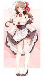  :d ahoge alternate_costume apron black_footwear blush breasts brown_eyes brown_hair cleavage clothes_lift collarbone commentary detached_collar dress dress_lift elbow_gloves enmaided female garter_straps gloves hair_ribbon high_heels highres kantai_collection large_breasts lifting_own_clothes long_hair maid maid_apron maid_headdress mamiya_(kancolle) md5_mismatch medium_dress open_mouth red_ribbon ribbon rui_shi_(rayze_ray) short_sleeves smile solo standing thighhighs white_apron white_gloves white_thighhighs 