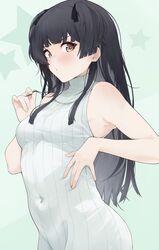  armpits black_hair blush breasts brown_eyes commentary_request covered_navel cowboy_shot female green_background groin hand_on_own_stomach highres idolmaster idolmaster_shiny_colors long_hair looking_at_viewer mayuzumi_fuyuko shirt sidelocks small_breasts solo starry_background turtleneck white_shirt yamanoko_19517 