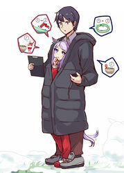  1boy animal_ears black_eyes black_hair clock coat commentary_request ear_ribbon female food hand_on_own_chin highres horse_ears horse_girl horse_tail long_hair mejiro_mcqueen_(umamusume) pants parka purple_eyes purple_hair shared_clothes shared_coat shoes sneakers snow snowman soramuko tail tail_wagging tracen_training_uniform track_pants trainer_(umamusume) umamusume winter_clothes winter_coat 