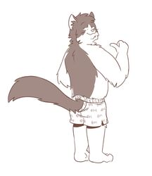  2019 absurd_res anthro arm_tuft boxers_(clothing) brown_and_white chase_jacobs clothed clothing digital_media_(artwork) domestic_cat elbow_tuft felid feline felis fur furgonomics half-closed_eyes heyitscousindave hi_res inner_ear_fluff looking_at_viewer looking_back male mammal monochrome multicolored_body multicolored_fur narrowed_eyes pattern_clothing pattern_underwear simple_background slightly_chubby smile solo standing tuft two_tone_body two_tone_fur underwear underwear_only whiskers white_background 