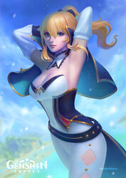  arms_behind_head artist_name belt blonde_hair blue_eyes bodysuit breasts capelet cleavage cloud corset day detached_collar english_commentary female floating_hair genshin_impact jdpr jean_(genshin_impact) logo looking_at_viewer medium_breasts ponytail sky solo strapless water 