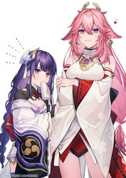  2girls aged_down bare_shoulders blush braid breasts coyucom detached_collar detached_sleeves genshin_impact hair_ornament height_difference highres japanese_clothes jewelry kimono large_breasts long_hair long_sleeves looking_at_viewer low-braided_long_hair low-tied_long_hair mole mole_under_eye multiple_girls necklace obi off_shoulder pendant pink_hair purple_eyes purple_hair purple_kimono purple_legwear raiden_shogun red_skirt sash shirt sidelocks skirt sleeveless sleeveless_shirt smile thighhighs thighs very_long_hair white_kimono white_shirt wide_sleeves yae_miko 