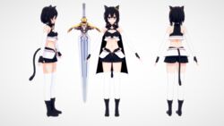  1other 3d alternate_eye_color animal_ears ankle_boots bare_shoulders black_cloak black_footwear black_gloves black_hair black_shorts black_tail boots breasts bright_pupils cat_girl cat_tail cloak clone commentary commentary_request earrings female fingerless_gloves fran_(tensei_shitara_ken_deshita) from_behind from_side full_body gloves gold_earrings hair_between_eyes jewelry koikatsu_(medium) korean_commentary light_smile long_legs looking_at_viewer looking_away medium_hair midriff multiple_views navel o0o_(pixiv_58838089) purple_eyes riding_boots shishou_(tensei_shitara_ken_deshita) shorts simple_background small_breasts smile standing stomach sword tail tensei_shitara_ken_deshita thighhighs thighs weapon white_background white_legwear white_pupils 