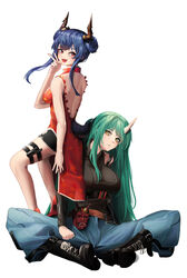  2girls :d absurdres arknights backless_dress backless_outfit bare_arms bare_back bare_shoulders belt black_shirt black_shorts blue_hair blue_pants breasts brown_belt ch&#039;en_(ageless_afterglow)_(arknights) ch&#039;en_(arknights) china_dress chinese_clothes commentary double_bun dragon_horns dress ggz_(gguzal_95) green_hair hair_bun hand_up high_heels highres horns hoshiguma_(arknights) hoshiguma_(ronin_huntress)_(arknights) indian_style large_breasts long_hair looking_at_viewer multiple_girls nail_polish official_alternate_costume open_mouth pants red_dress red_eyes red_footwear red_nails shirt short_shorts shorts sidelocks simple_background single_horn sitting sleeveless sleeveless_dress smile thigh_strap thighs v very_long_hair white_background yellow_eyes 