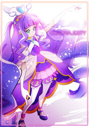  aqua_eyes artist_logo border character_name commentary_request cure_majesty dress elbow_gloves ellee-chan eyelashes female gloves gradient_border hair_ornament hairband happy highres hirogaru_sky!_precure jewelry kamikita_futago long_hair magical_girl precure purple_dress purple_footwear purple_hair smile solo spoilers standing thighhighs thighs twintails very_long_hair white_thighhighs zettai_ryouiki 