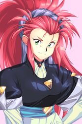  breasts commentary english_commentary female green_eyes hakubi_washuu hand_on_own_hip harleequeen highres long_hair looking_at_viewer medium_breasts ponytail purple_background red_hair smile solo spiked_hair tenchi_muyou! upper_body 