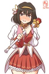  2021 artist_logo black_hair blush brown_eyes commentary_request cosplay cowboy_shot dated female flower haguro_(kancolle) hair_flower hair_ornament hairband holding holding_wand jewelry kanon_(kurogane_knights) kantai_collection long_sleeves looking_at_viewer nose_blush one-hour_drawing_challenge open_mouth princess_connect! red_skirt short_hair simple_background skirt solo standing sweatdrop taneda_risa tears voice_actor_connection w_arms wand white_background wide_sleeves yui_(princess_connect!) yui_(princess_connect!)_(cosplay) 