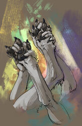  abstract_background ambiguous_gender anthro between_toes canid canine canis claws crossed_legs digitigrade disembodied_foot feet floating_hands foot_focus foot_grab foot_shot fur hi_res ketzal_nor_omen lily_(atrumpet) mammal pawpads paws soles solo toes white_body white_fur wolf 