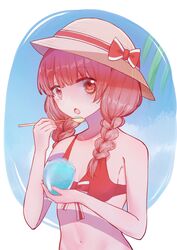  100_percent_orange_juice axes_(axes1125) bikini bow braid breasts brown_eyes brown_hair collarbone eating female flying_red_barrel food hat hat_bow highres marc_(orange_juice) medium_hair midriff navel open_mouth red_bikini red_bow shaved_ice small_breasts spoon stomach straw_hat swimsuit twin_braids upper_body 