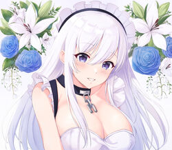  azur_lane belfast_(azur_lane) black_choker breasts broken broken_chain chains choker cleavage commentary female flower itaba_atsushi large_breasts light_purple_hair long_hair looking_at_viewer maid_headdress purple_eyes purple_ribbon ribbon simple_background solo upper_body white_background white_flower 