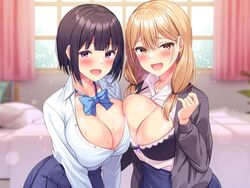  2girls :d bed bed_sheet bedroom black_bra black_hair black_sweater blonde_hair blue_skirt blurry blurry_background blush bra breast_press breasts brown_eyes cleavage collared_shirt highres indoors large_breasts looking_at_viewer multiple_girls no_bra non-web_source open_clothes open_mouth open_shirt original pillow pleated_skirt purple_eyes school_uniform shirt skirt smile super_nagoyaka sweat sweater underwear upper_body white_shirt window 