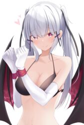  bare_shoulders bikini black_bikini bound bound_wrists breasts cleavage closed_mouth collarbone demon_wings doyachii elbow_gloves female gloves hair_ornament halterneck heart heart-shaped_pupils highres large_breasts long_hair looking_at_viewer original red_eyes red_ribbon ribbon sidelocks simple_background smile solo stomach string_bikini swimsuit symbol-shaped_pupils twintails upper_body white_background white_gloves white_hair wings 