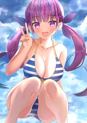  :d absurdres bare_arms bare_legs bare_shoulders bikini blue_bikini blue_hair blunt_bangs blush braid breasts cleavage cloud cloudy_sky collarbone colored_inner_hair day feet_out_of_frame female highres hololive large_breasts long_hair looking_at_viewer minato_aqua minato_aqua_(hololive_summer_2019) multicolored_hair official_alternate_costume open_mouth outdoors purple_eyes purple_hair rei_(ilust9999) sky smile solo squatting striped_bikini striped_clothes swimsuit twintails two-tone_hair v very_long_hair virtual_youtuber 