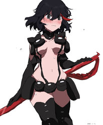  2021 absurdres black_gloves black_hair black_thighhighs blush breasts commentary_request dated elbow_gloves female furrowed_brow gloves highres holding holding_behind_back holding_weapon kill_la_kill looking_down matoi_ryuuko multicolored_hair navel nudist_beach_uniform partial_commentary pouch red_hair revealing_clothes scissor_blade_(kill_la_kill) simple_background solo streaked_hair takatisakana thighhighs tsurime underboob weapon white_background 