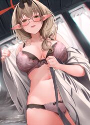  black-framed_eyewear black_hairband blue_archive bra breasts chinatsu_(blue_archive) chinatsu_(hot_spring)_(blue_archive) collarbone female glasses green_eyes hairband halo highres japanese_clothes kimono large_breasts looking_at_viewer narushima_kanna navel panties pink_bra pink_panties pointy_ears solo underwear white_kimono 